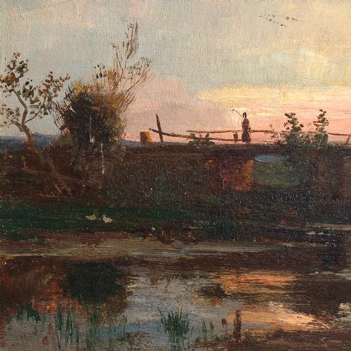 fig 2. Francois Charles Cachoud, Rural Evening View with Figures and Cattle, Oil Painting, Pastoral Scene, Sunset