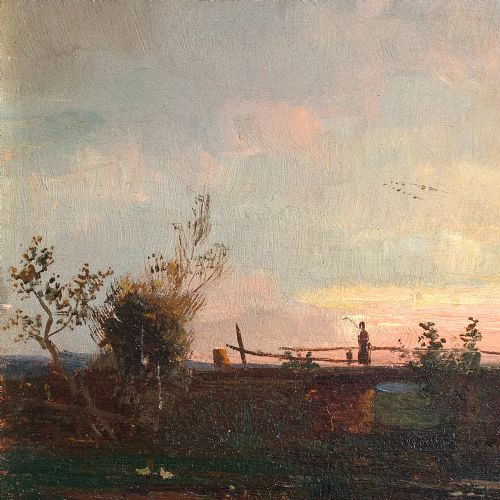 fig 3. Francois Charles Cachoud, Rural Evening View with Figures and Cattle, Oil Painting, Pastoral Scene, Sunset