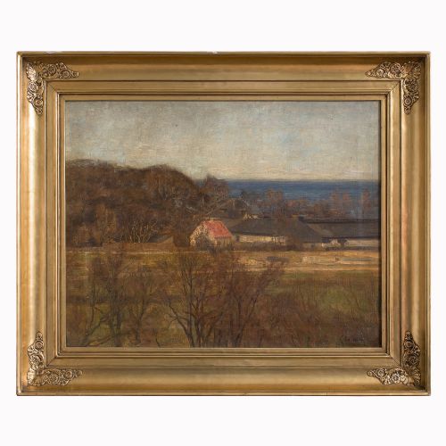 1900s Antique Landscape, Danish Coastal Landscape with Cottages