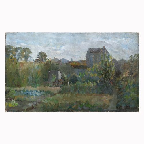1930s Impressionistic Countryside View with Buildings, French Landscape Painting
