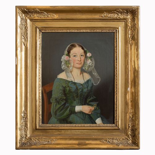 1860s Danish Portrait of a Woman Holding a Golden Lorgnette