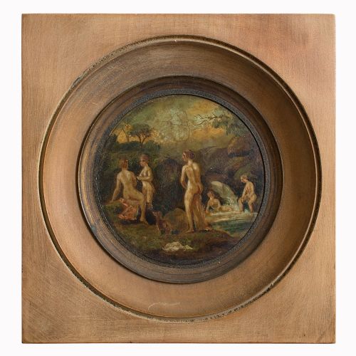 1850s Antique Miniature, Bathing Nymphs in a Brook, Oil on Copper
