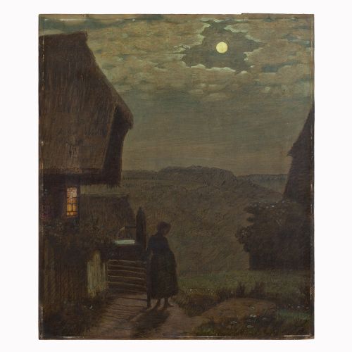 1920s Nocturne with Woman, Cottage and Full Moon, Oil Painting