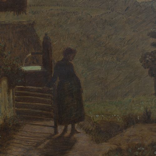 fig 1. 1920s Nocturne With Woman, Cottage and Full Moon, Oil Painting