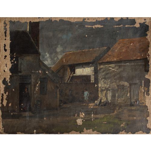 French Farmyard Scene with Barns & Figures, Oil Painting