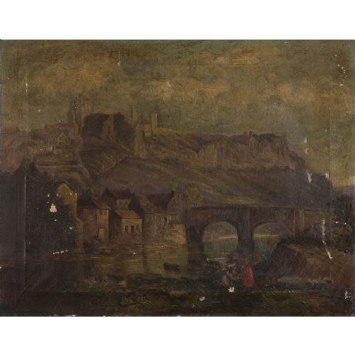 19th-century Worn Classical Riverside View with Figures