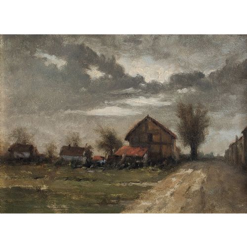 19th Century French School Landscape with Barns, Oil Painting