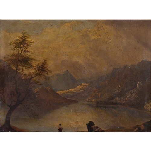 Dark Danish School Mountainous Landscape with Lake