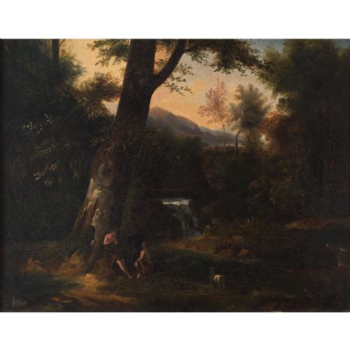 18th Century French School Arcadian Landscape with Flute Player