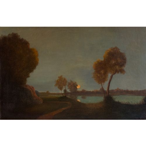 fig 1. 19th-Century River Landscape with Setting Sun, Oil Painting
