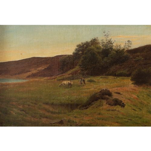 fig 1. Harald Foss, A Shepherd With Sheep Near Mariager Fjord, Oil Painting, Denmark