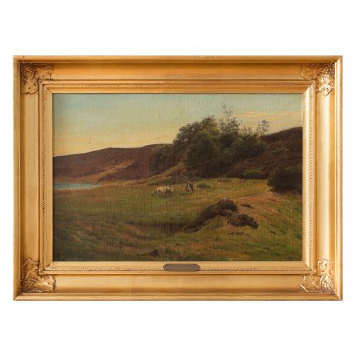 Harald Foss, a Shepherd with Sheep Near Mariager Fjord, Oil Painting, Denmark