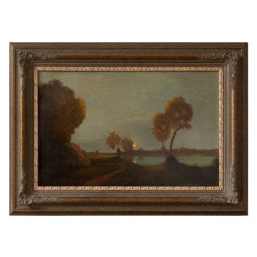 19th-century River Landscape with Setting Sun, Oil Painting