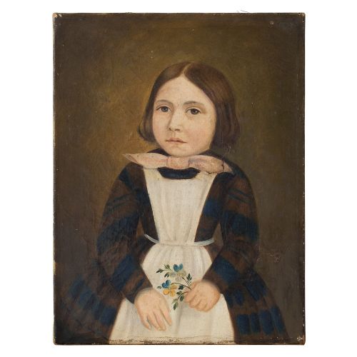 19th Century Provincial Swiss School Portrait of a Girl Holding Flowers, Oil on Canvas, Folk Art