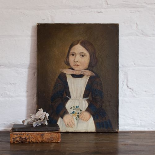fig 1. 19th Century Provincial Swiss School Portrait Of A Girl Holding Flowers, Oil On Canvas, Folk Art