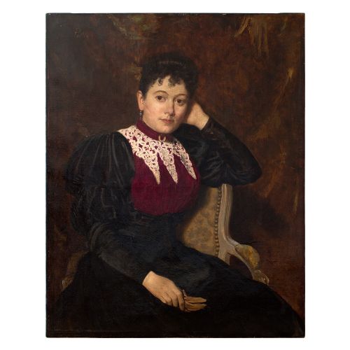 Louis Joseph Pottin, 19th Century Portrait of a Lady in a Red & Black Dress