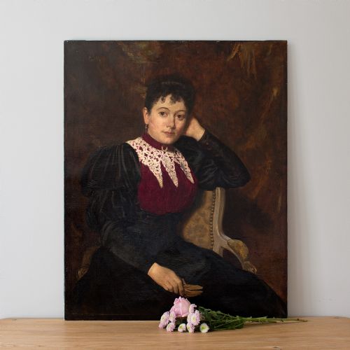 fig 1. Louis Joseph Pottin, 19th Century Portrait Of A Lady In A Red & Black Dress