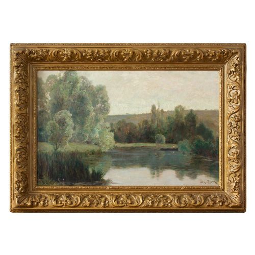 Early 20th Century Oil Painting, Leon Barotte, a Morning View with Fisherman & Lake
