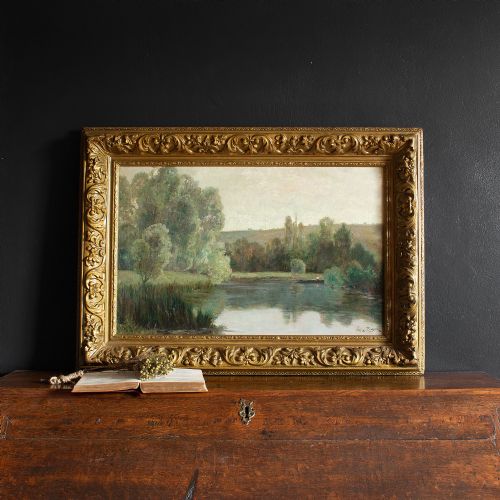 fig 1. Early 20th Century Oil Painting, Leon Barotte, A Morning View With Fisherman & Lake
