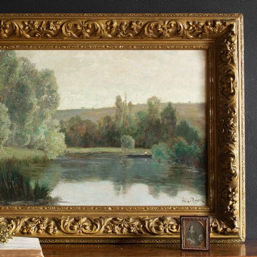 fig 2. Early 20th Century Oil Painting, Leon Barotte, A Morning View With Fisherman & Lake