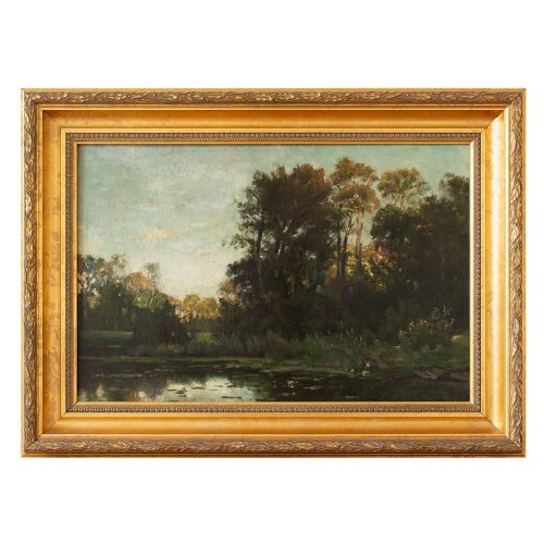 19th Century Belgian School Landscape with Pond, Oil Painting