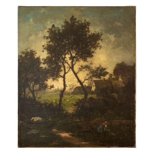 Jules-louis Dusaussay, Barbizon School Landscape with Cottages, Chickens & Figure, 19th Century Oil Painting