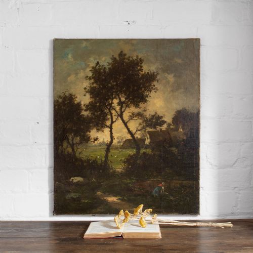 fig 1. Jules-Louis Dusaussay, Barbizon School Landscape With Cottages, Chickens & Figure, 19th Century Oil Painting