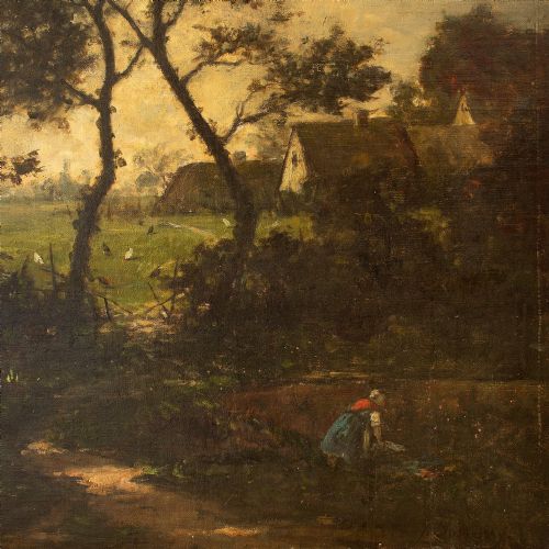 fig 2. Jules-Louis Dusaussay, Barbizon School Landscape With Cottages, Chickens & Figure, 19th Century Oil Painting