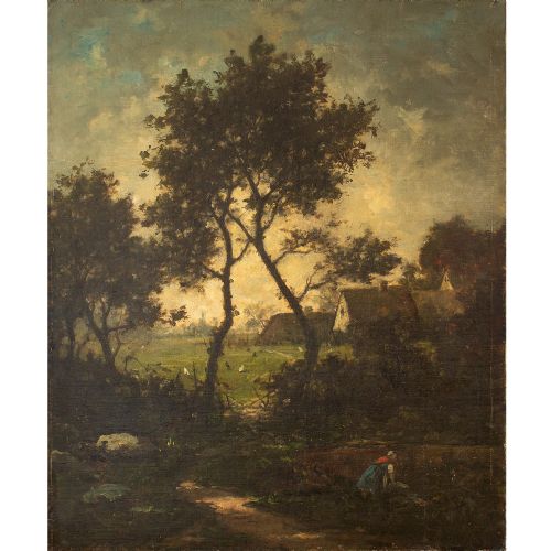 fig 3. Jules-Louis Dusaussay, Barbizon School Landscape With Cottages, Chickens & Figure, 19th Century Oil Painting
