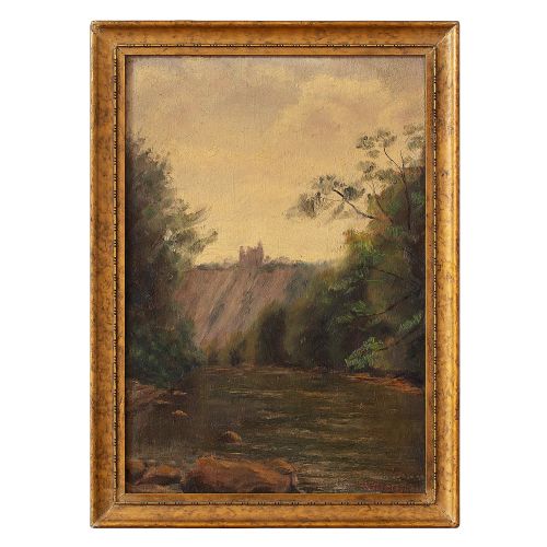 French School River Landscape with Ruins, Oil Painting