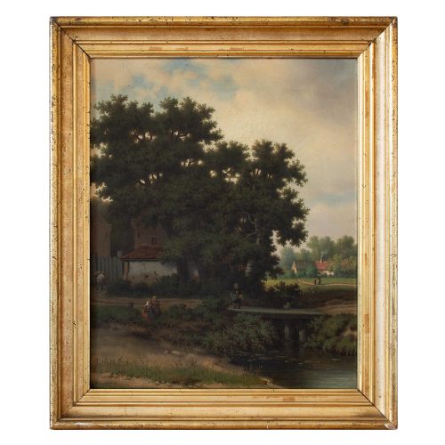 Pierre Vervou, Bucolic Landscape with Stream & Villagers