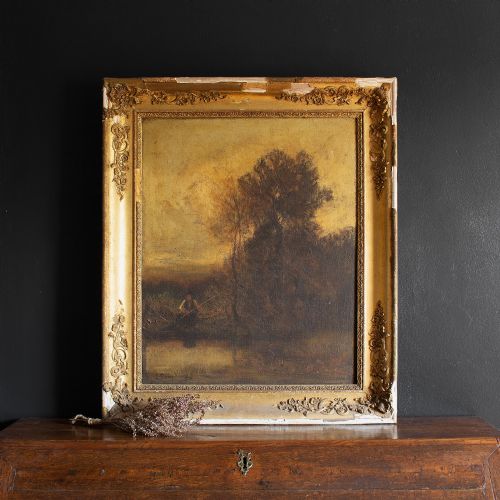 fig 1. 19th Century French Barbizon School Landscape With Fisherman