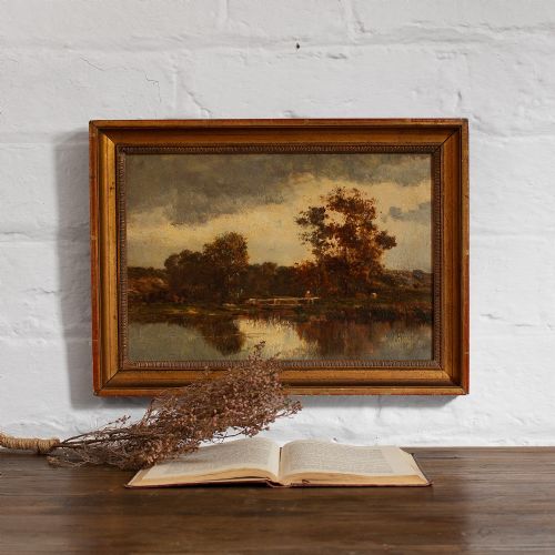 fig 1. 19th-Century Barbizon School Landscape With Fisherman, Oil Painting