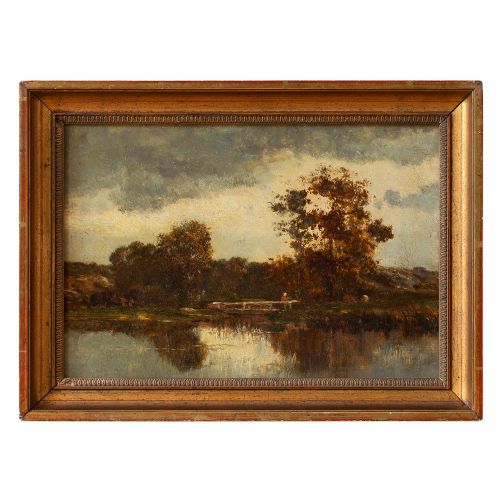 19th-century Barbizon School Landscape with Fisherman, Oil Painting
