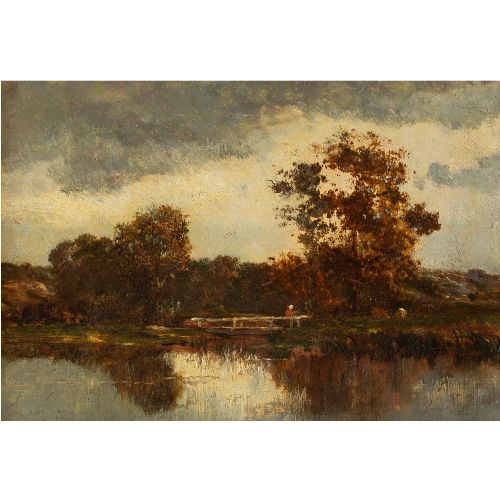 fig 2. 19th-Century Barbizon School Landscape With Fisherman, Oil Painting