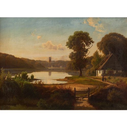 fig 1. Carsten Henrichsen, Molledam With A View Of Lyngby Church, Denmark, Oil Painting