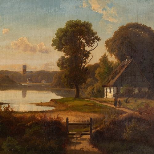 fig 3. Carsten Henrichsen, Molledam With A View Of Lyngby Church, Denmark, Oil Painting