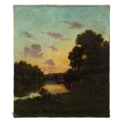 Nicolaï Alexandovitch Okolowicz, River Landscape with Sunset, Fisherman & Cattle