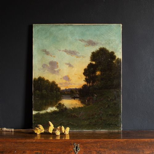 fig 1. Nicolaï Alexandovitch Okolowicz, River Landscape With Sunset, Fisherman & Cattle