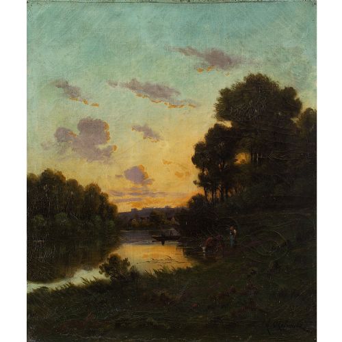 fig 2. Nicolaï Alexandovitch Okolowicz, River Landscape With Sunset, Fisherman & Cattle