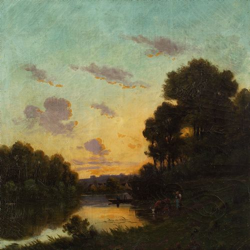 fig 3. Nicolaï Alexandovitch Okolowicz, River Landscape With Sunset, Fisherman & Cattle