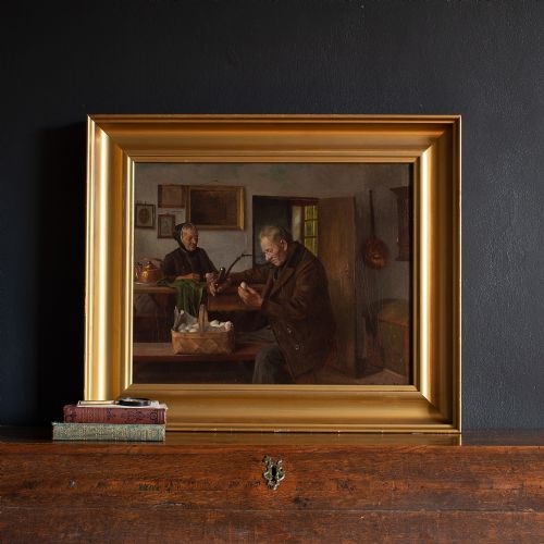 fig 1. Gustav Vermehren, Farmhouse Interior With Couple, Oil Painting
