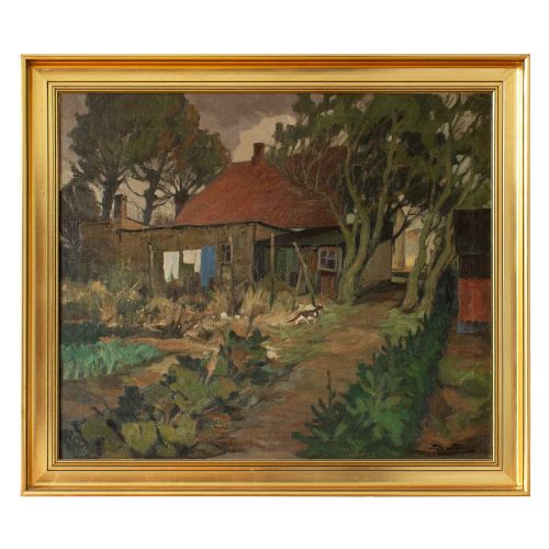 Lars Larsen, Garden Scene with Cat, Laundry & Shed, Oil Painting