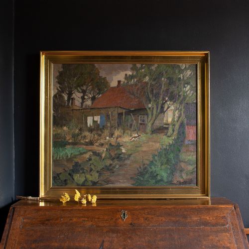 fig 1. Lars Larsen, Garden Scene With Cat, Laundry & Shed, Oil Painting