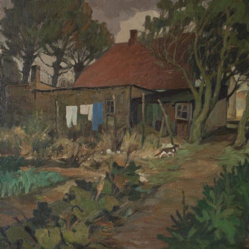 fig 2. Lars Larsen, Garden Scene With Cat, Laundry & Shed, Oil Painting