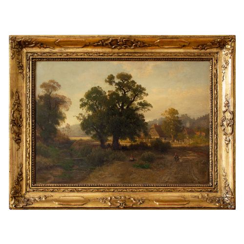 Carl Gustav Rodde, River Landscape at Sunset with Cottages & Villagers