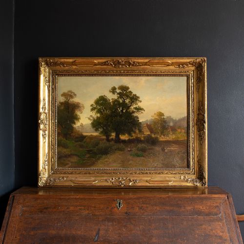 fig 1. Carl Gustav Rodde, River Landscape At Sunset With Cottages & Villagers