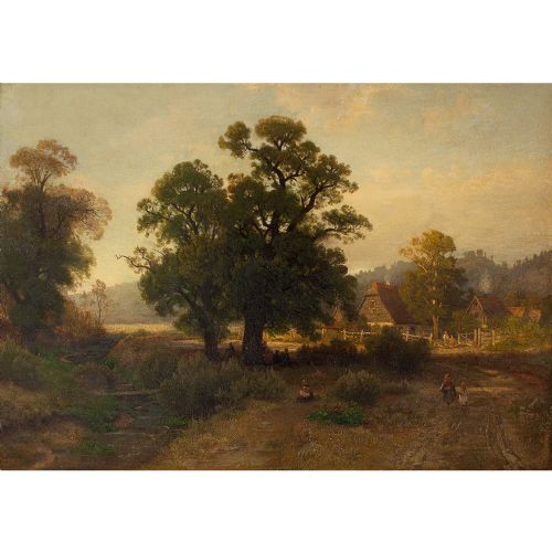 fig 2. Carl Gustav Rodde, River Landscape At Sunset With Cottages & Villagers