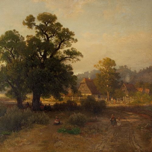 fig 3. Carl Gustav Rodde, River Landscape At Sunset With Cottages & Villagers
