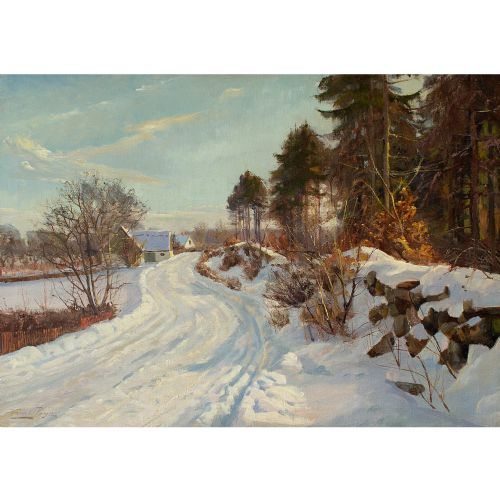 fig 1. Harald Pryn, Winter’s Day With Snowy Track Near Hösterköb, Denmark, Oil Painting